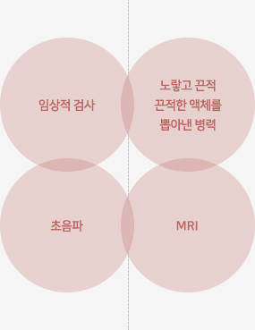 임상적 검사, 노랗고 끈적끈적한 액체를 뽑아낸 병력, 초음파, MRI